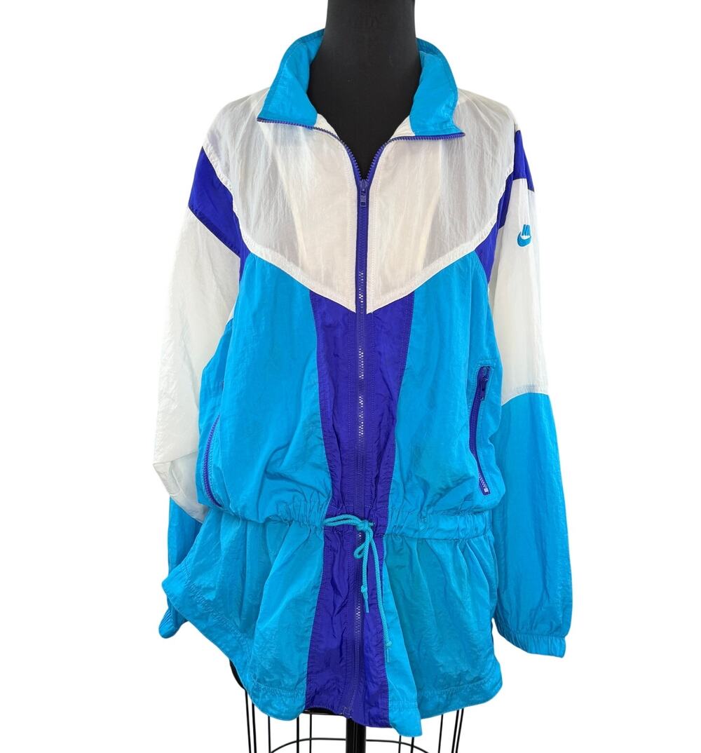 VINTAGE White Tag NIKE Blue White Swoosh Windbreaker Drawstring Full Zip L Large